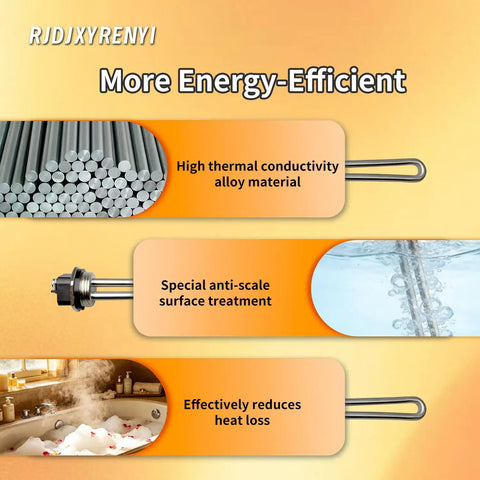 Heavy Duty 4500 Watt 240 Volt Screw In Water Heater Heating Element demonstrating energy efficiency benefits and materials used.