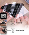 Heavy Duty Non Slip Rug Corner Pads with Reusable Dual Sided Adhesive Grip shown with flexible and washable features