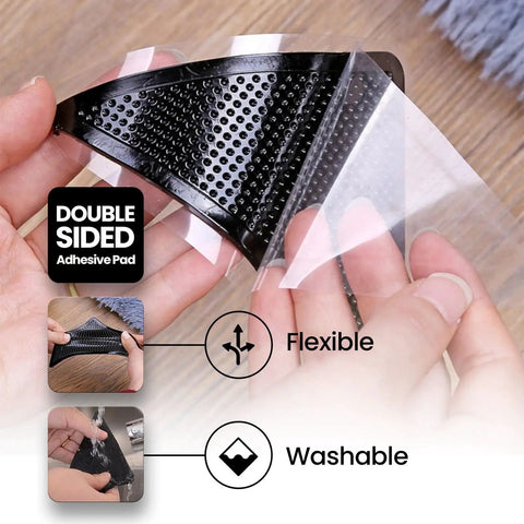 Heavy Duty Non Slip Rug Corner Pads with Reusable Dual Sided Adhesive Grip shown with flexible and washable features