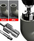 Heavy Duty Pipe Threader Kit With Spiral Round Dies For Cutting Internal Threads On Water Pipes, before and after showing threaded pipe detail.