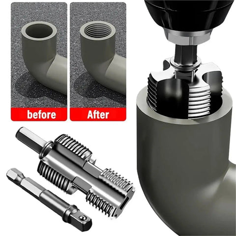 Heavy Duty Pipe Threader Kit With Spiral Round Dies For Cutting Internal Threads On Water Pipes, before and after showing threaded pipe detail.