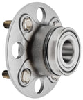 Side view of Two Piece Rear Wheel Bearing Hubs Kit For 2001 Through 2005 Honda Civic Complete Rear Assembly For Left And Right Sides 4 Bolt Design ABS Ready Replacement showing metal construction and 4-bolt holes.