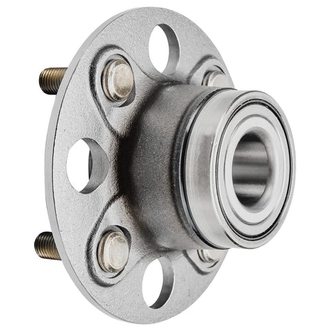 Side view of Two Piece Rear Wheel Bearing Hubs Kit For 2001 Through 2005 Honda Civic Complete Rear Assembly For Left And Right Sides 4 Bolt Design ABS Ready Replacement showing metal construction and 4-bolt holes.