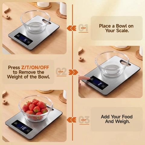Digital Kitchen Scale With Lab Grade Precision, 11 lb capacity, showing tare function with bowl and strawberries.