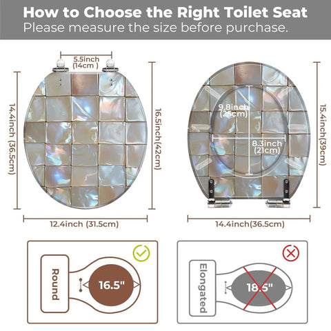 How to choose the right Round Resin Toilet Seat for Bathroom with size measurements, showing round and elongated comparisons.