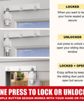 Sliding Door Lock For Patio Doors With Adjustable Ventilation And Button Actuation, Child Safety Lock in locked, unlocked positions shown