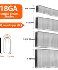 Diagram of 18GA narrow crown staples, various sizes, showing 1" (25mm) length and quantities, for 1000 Count 1 Inch Narrow Crown Staples 18 Gauge For Pneumatic And Electric Staple Guns Beveled Point Heavy Duty Rust Resistant 304 Stainless Steel Staples For Wood Upholstery And General Fastening.