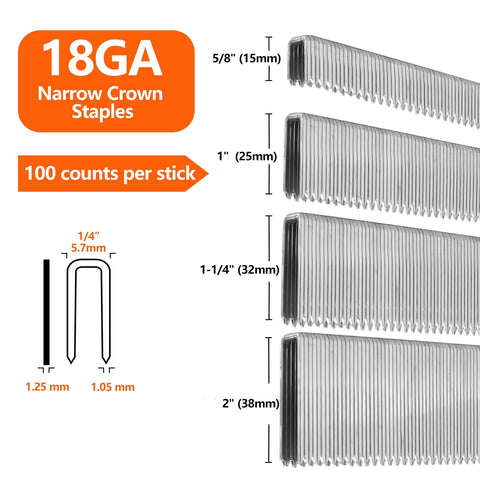 Diagram of 18GA narrow crown staples, various sizes, showing 1" (25mm) length and quantities, for 1000 Count 1 Inch Narrow Crown Staples 18 Gauge For Pneumatic And Electric Staple Guns Beveled Point Heavy Duty Rust Resistant 304 Stainless Steel Staples For Wood Upholstery And General Fastening.