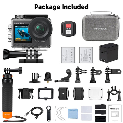 Brave 4 Pro Action Camera Bundle With Waterproof Floating Grip And Accessory Kit Gear Up For 4K30 Video And 20MP Photos, EIS, gray case, accessories