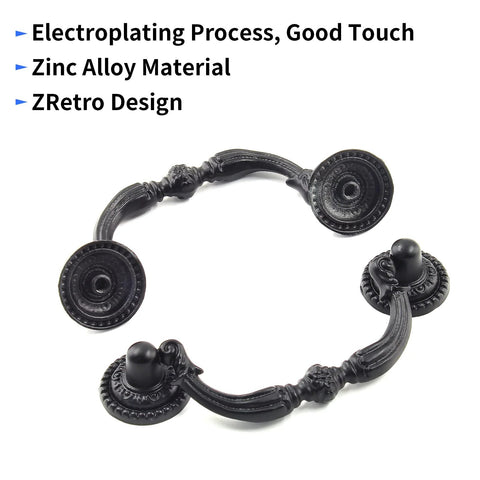 Antique Black Bail Drop Drawer Pulls 4 Pack With 3.5 Inch Hole Center And 4.72 Inch Total Length, shown in zinc alloy material.