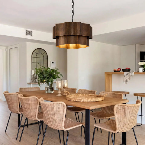 XSDeTu Farmhouse Metal Pendant Light, 2‑Tier Chandeliers for Dining Room hung over a modern dining table with chairs.