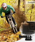 Waterproof Housing Case for GoPro Hero 4K Action Camera with cyclist in forest, clear shell protective underwater mount.