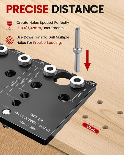 Precision 7 Hole Shelf Pin Jig And Woodworking Drill Guide For Bang On Point Cabinet Hardware Setup showing precise hole spacing.