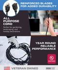 Black 50 Ft Outdoor Extension Cord 16 Gauge 3 Conductor Workhorse Quality Three Prong shown coiled in snow and indoor use