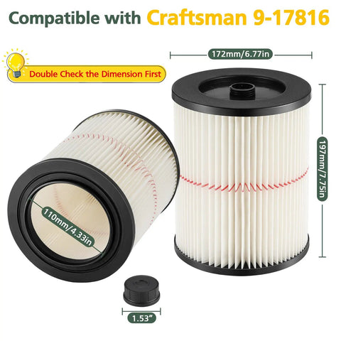 Red Stripe Vacuum Cartridge Filter Replacement For Wet Dry Vacuums 5 To 32 Gallon And Larger 2 Pack shown with dimensions