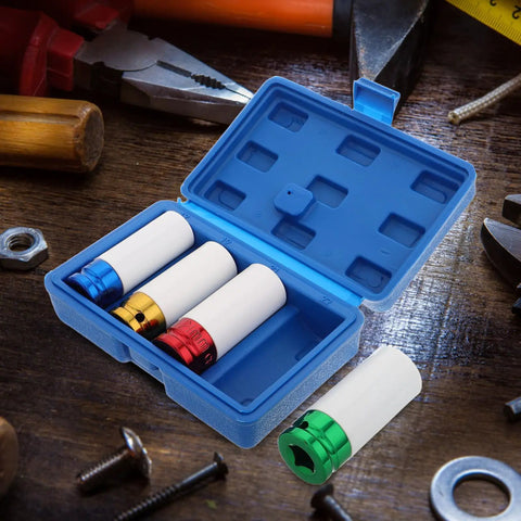 Top Tier Impact Socket Set For Automotive Repairs. Four Piece Color Coded Drive Wheel Protectors Keep Rims Safe. 4pc color-coded thin-wall deep sockets in blue case for lug nuts