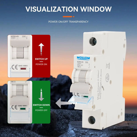 1 Pole 110-240V 6A Miniature Circuit Breaker with thermal magnetic trip, shown with visualization window for solar AC systems.