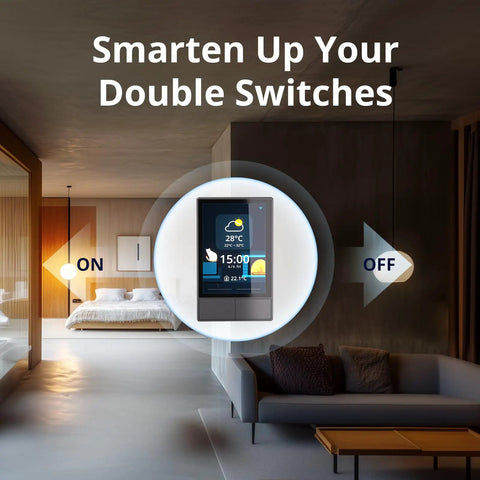 NSPanel Smart Switch 2-Switch Touchscreen Control Hub in black installed in living room setting