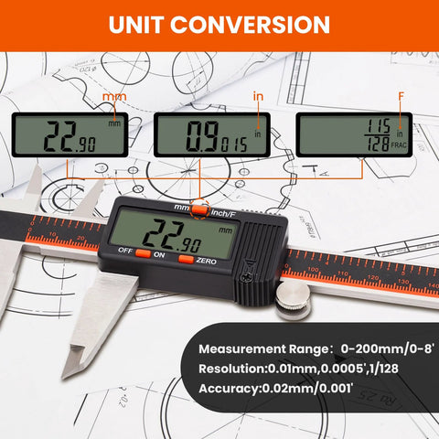 Digital caliper HARDELL with large LCD screen, black housing, 0-8 inch range, inch/mm/fraction conversion