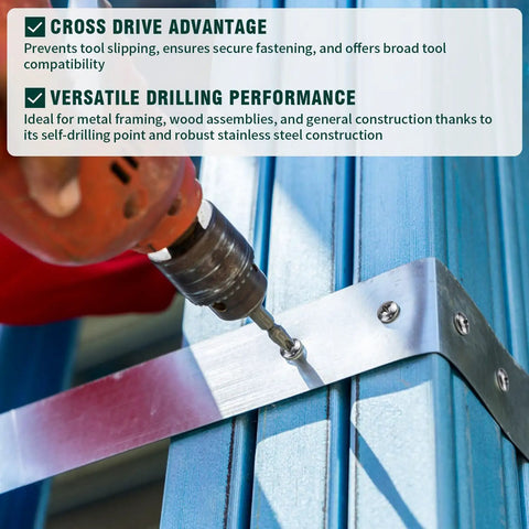 Rock Solid Size Twelve X Three Quarter Pan Head Self Drilling Screws Cut From Heavy Duty Stainless Steel With Phillips Drive being drilled into metal.