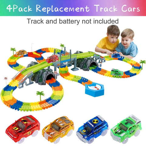 Glow In The Dark Track Cars 4 Pack Replacement Toys For Kids Aged 3 To 8 With 5 LED Lights, DIY Stickers, colorful track setup