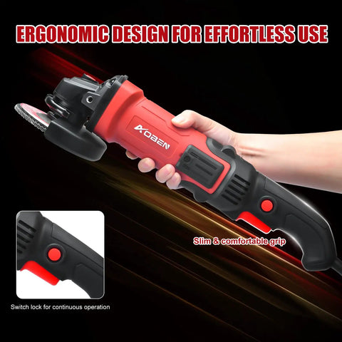 Heavy Duty Four Point Five Inch Angle Grinder With Twelve Hundred Watt Motor Cranking Out Eleven Thousand Rpm For Steel Cutting And Grinding Featuring ergonomic design and switch lock for ease of use.