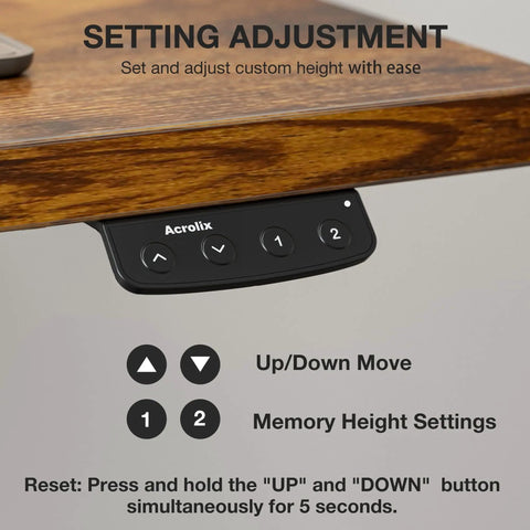 Close-up of electric standing desk memory presets showing easy height adjust buttons on rustic brown wood surface