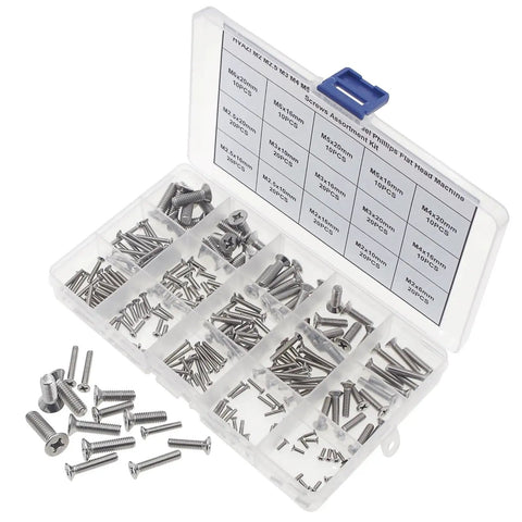 Top Shelf Rock Solid 304 Stainless Steel Phillips Flat Head Machine Screw Assortment Kit With 240 Countersunk Metric Fasteners in divided tray.