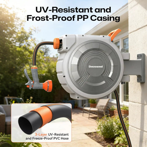 Tough As Nails Retractable Garden Hose Reel with wall mount and nozzle, UV-resistant casing, 85 ft hose