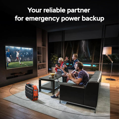 Family using Portable Power Station 1600W Peak 3200W With Built In Solar Panel 1024Wh LiFePO4 Battery during power outage