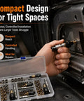 Zero Hassle Carbon Steel Rivet Nut Tool Set Loaded With M3 Through M8 Metric Heads in use, compact design for precise installation.