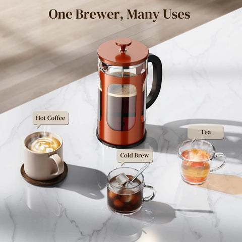 34oz No Plastic Touch French Press Coffee Maker with copper finish and glass carafe serving coffee, tea, and cold brew