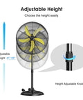 5300 CFM 20 Inch High Velocity Oscillating Pedestal Fan With 3 Speeds For Industrial Use, height adjustable feature shown