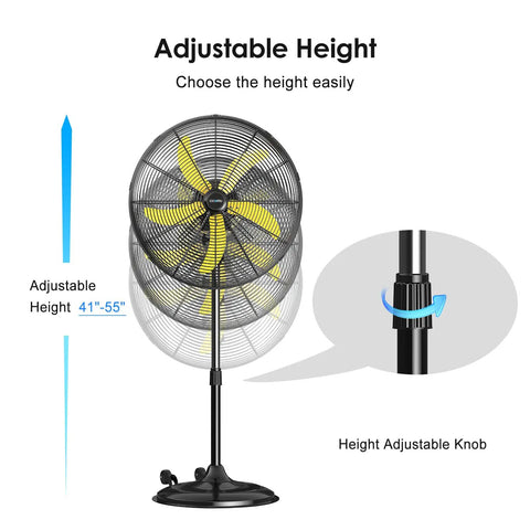 5300 CFM 20 Inch High Velocity Oscillating Pedestal Fan With 3 Speeds For Industrial Use, height adjustable feature shown