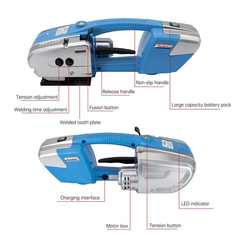 Electric Strapping Machine For Half To Five Eighths Inch Wide PP PET Straps Auto Heat Melt Sealer Dual 4000mAh Batteries Time Saver Rechargeable Pallet Packaging Banding Tool side view with controls