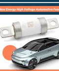 Straight Up Heavy Duty High Voltage Automotive Fuse Replacement For New Energy Electric Vehicles Using 500 Volt 2000 Amp Inline Block With Knockout Short Circuit Protection Gearhead Approved, featuring a close-up view of a cylindrical fuse and a modern EV.