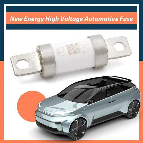 Straight Up Heavy Duty High Voltage Automotive Fuse Replacement For New Energy Electric Vehicles Using 500 Volt 2000 Amp Inline Block With Knockout Short Circuit Protection Gearhead Approved, featuring a close-up view of a cylindrical fuse and a modern EV.