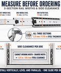 Locking Drawer Slides 3 Inch Wide Full Extension 1 Pair Beefy Steel Drawer Guides, side clearance and rail width diagram