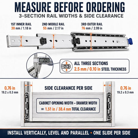 Locking Drawer Slides 3 Inch Wide Full Extension 1 Pair Beefy Steel Drawer Guides, side clearance and rail width diagram