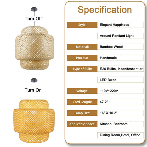 Hand Woven Rattan Pendant Light Fixture For Kitchen Island And Dining Areas Dope Boho Bamboo Hanging Lamp With Tropical Vibe Perfect For Living Rooms Reading Nook And Restaurant Ambiance 16 X 16.2 Inches product specifications and on-off view