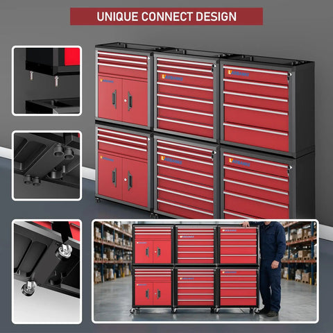 Heavy Duty Seven Drawer Rolling Tool Chest With Lockable Drawers And Waterproof Top Red Mobile Workshop Cabinet stacked design