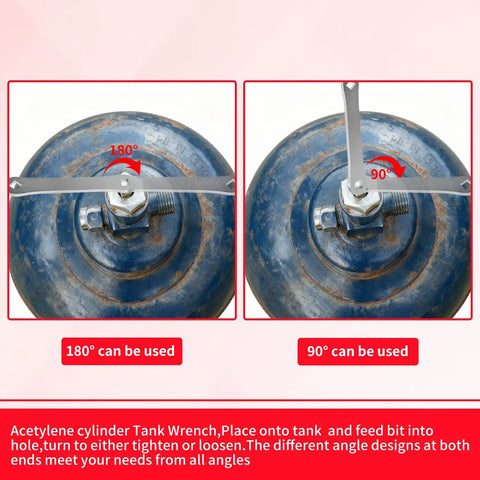 Acetylene Tank Valve Wrench For B And MC Cylinders Upgraded Welds Tank Opener showing 180 and 90 degree use angles