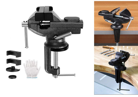 Portable Clamp On Table Vise With 360 Degree Rotation, Heavy Duty Bench Vise For Workbench Or Desktop, 3.2 Inch Jaw Opening, Edge Clamp Up To 2.9 Inch Thick, Perfect For DIY Woodworking And Metalworking Projects, cast steel, shown clamped to table edge