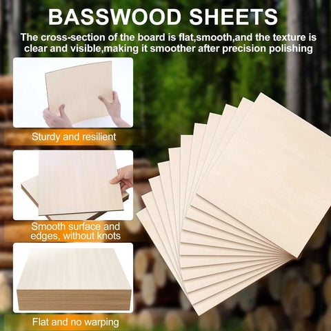 Basswood sheets, unfinished light wood, 12x12 inches, 1/8 inch (3 mm) thick, fanned stack for crafts