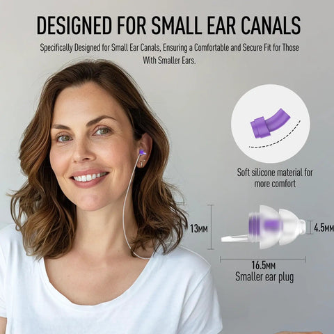 Woman wearing Ultra Soft Sleep Ear Plugs 2 Pairs With 32 dB And 30 dB Noise Reduction Cushioned Silicone Mold For Side Sleepers