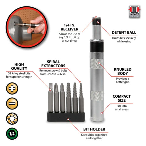 One Quarter Inch Impact Driver And Extractor Kit With Bits For Stubborn Screws And Rusted Bolts Universal Receiver Durable Black Finish Workhorse Tool For Auto Home Or Shop Repairs, showing driver, spiral bits, and bit holder