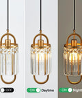 Three Pack Gold Crystal Pendant Lights Set for Kitchen Island and Hallway Sparkling Crystal Beads Easy Install Ceiling Hanging Fixtures Warm Ambient Glow Modern Gold Finish Durable and Stylish Home Lighting, showing the lights on and off.