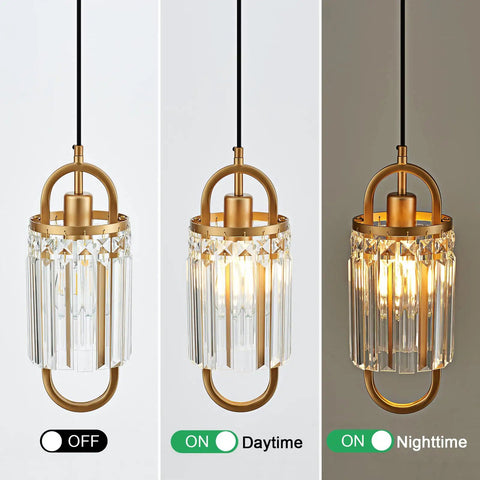 Three Pack Gold Crystal Pendant Lights Set for Kitchen Island and Hallway Sparkling Crystal Beads Easy Install Ceiling Hanging Fixtures Warm Ambient Glow Modern Gold Finish Durable and Stylish Home Lighting, showing the lights on and off.