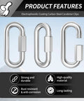 Electrophoretic coating carbon steel carabiner clips with rust resistance and durability features highlighted.