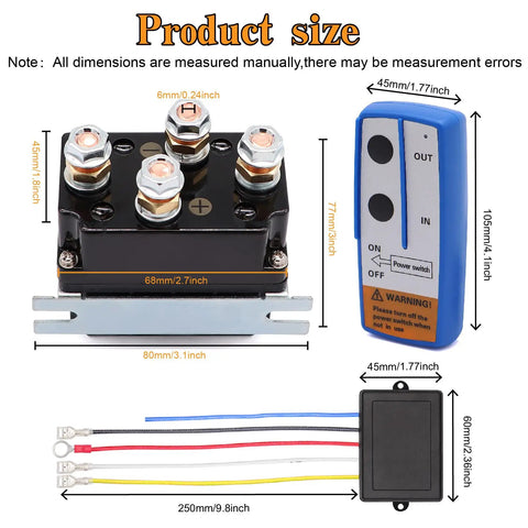 Beefy 12V 250A Winch Solenoid Relay Contactor With 2 Pieces Wireless Remote Controller Kit And 4 Pieces Pre Wires For 2000 To 5000 Lbs ATV UTV Truck Winches DPDT 2NO 2NC Intermittent Duty Weatherproof 150 Ft Range with dimensions